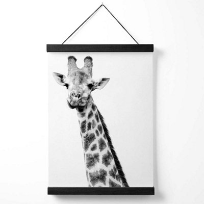 Cheeky Giraffe Animal Black and White Photo Medium Poster with Black Hanger