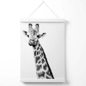 Cheeky Giraffe Animal Black and White Photo Poster with Hanger / 33cm / White