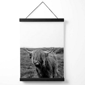 Cheeky Highland Cow Animal Black and White Photo Medium Poster with Black Hanger