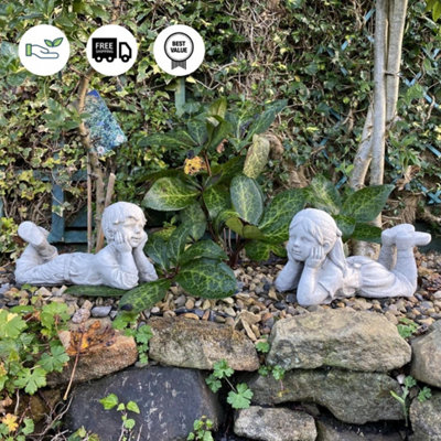 Cheerful Laying Boy and Girl Outdoor Ornament