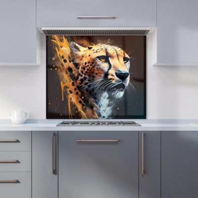 Cheetah Face Splashart Dark Background Premium Glass Kitchen Splashback W700mm x H750mm