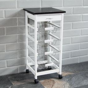 Chef Vida 4 Tier White Wooden Kitchen Trolley Baskets Drawer Storage