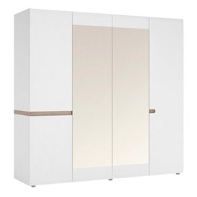 Chelsea 4 Door Wardrobe with mirrors and Internal shelving in White with Oak Trim