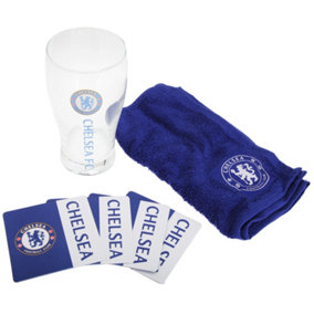 Chelsea FC Official Wordmark Mini Football Bar Set (Pint Gl, Towel & Mats) Blue/White (One Size)