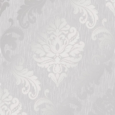 Chelsea Glitter Damask Wallpaper In Soft Grey And Silver