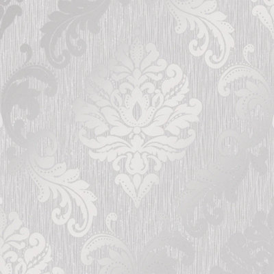 Chelsea Glitter Damask Wallpaper In Soft Grey And Silver DIY at B&Q