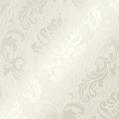 Chelsea Glitter Damask Wallpaper in White and Silver