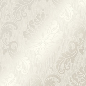 Chelsea Glitter Damask Wallpaper In White And Silver