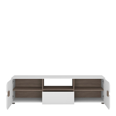 Chelsea Living Wide TV Unit in white with an Truffle Oak Trim