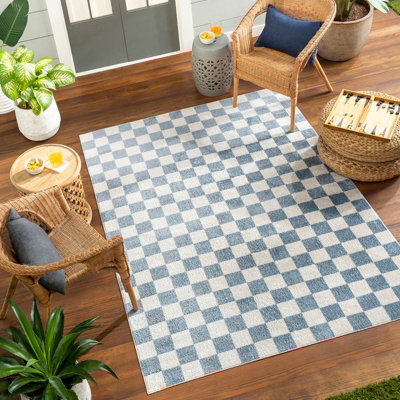 CHELSEA Machine Washable Geometric Pale Blue Checkered Area Rug 200 x 275 cm