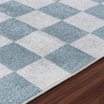 CHELSEA Machine Washable Geometric Pale Blue Checkered Area Rug 200 x 275 cm