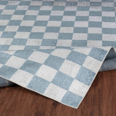 CHELSEA Machine Washable Geometric Pale Blue Checkered Area Rug 200 x 275 cm