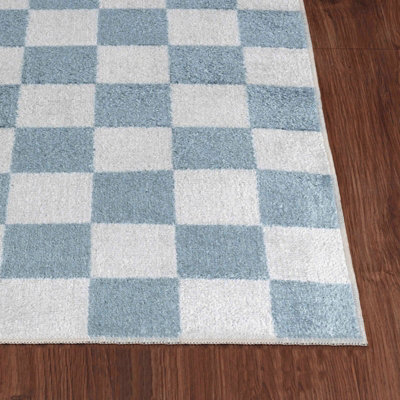 CHELSEA Machine Washable Geometric Pale Blue Checkered Area Rug 200 x 275 cm