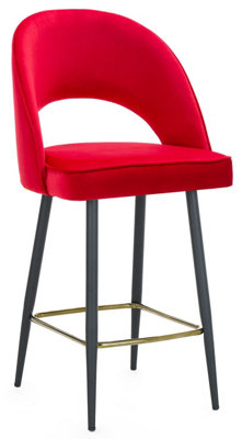 Chelsea Single Velvet Kitchen Bar Stool, Black Legs With A Gold Footrest, Extra Padded Seat, Breakfast Bar & Home Barstool, Red