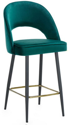 Chelsea Single Velvet Kitchen Bar Stool, Black Legs With A Gold Footrest, Padded Seat, Breakfast Bar & Home Barstool, Sage Green