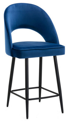 Chelsea Velvet Single Kitchen Bar Stool, Black Footrest, Fixed Leg, Extra Padded Seat, Breakfast Bar & Home Barstool, Blue