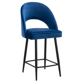 Chelsea Velvet Single Kitchen Bar Stool, Black Footrest, Fixed Leg, Extra Padded Seat, Breakfast Bar & Home Barstool, Blue