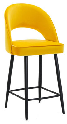 Chelsea Velvet Single Kitchen Bar Stool, Fixed Black Legs, Extra Padded Seat, Breakfast Bar & Home Barstool, Mustard Yellow