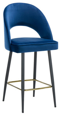 Chelsea Velvet Single Kitchen Bar Stool, Gold Footrest, Fixed Black Legs, Extra Padded Seat, Breakfast Bar & Home Barstool, Blue