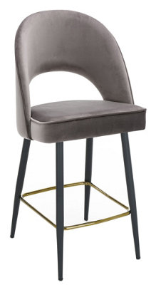 Chelsea Velvet Single Kitchen Bar Stool, Gold Footrest With Black Legs, Padded Seat, Breakfast Bar & Home Barstool, Charcoal Grey