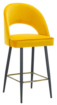 Chelsea Velvet Single Kitchen Bar Stool, Gold Footrest With Black Legs, Padded Seat, Breakfast Bar & Home Barstool, Mustard Yellow