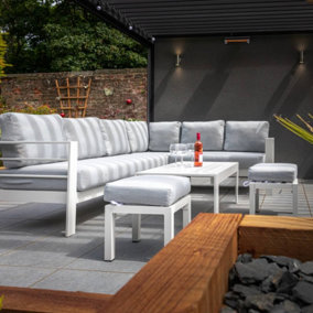 Chelsea White Aluminium Frame and Grey Fabric Cushions Garden Corner Sofa Set with 2x Stools and Coffee Table