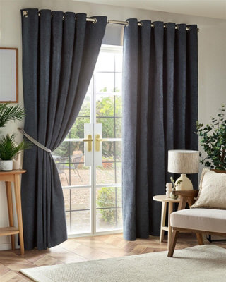 Chenille Blackout Ring Top Eyelet Curtains 117cm x 137cm Charcoal