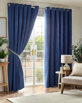 Chenille Blackout Ring Top Eyelet Curtains 229cm x 183cm Blue