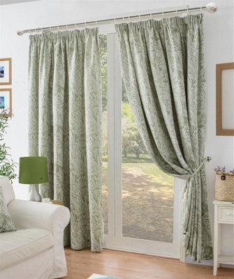 Chenille Jacquard Lined Pencil Pleat Curtains 117x229cm Green