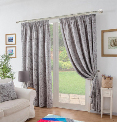 Chenille Jacquard Lined Pencil Pleat Curtains 168x183cm Silver