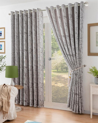 Chenille Jacquard Lined Ring Top Eyelet Curtains 168x229cm Silver