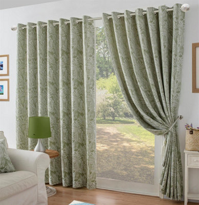 Chenille Jacquard Lined Ring Top Eyelet Curtains 229x183cm Green