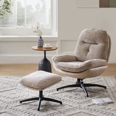 Chenille Lounge Chair with Footstool for Bedroom Office Light Brown 77 x 92 x 97cm DIY at B Q