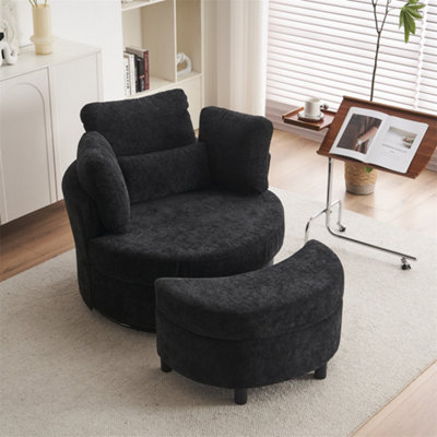 Chenille Swivel Armchair with 3 Back Cushion Pillow Ottoman Crescent Stool, Black 