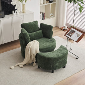 Chenille Swivel Armchair with 3 Back Cushion Pillow Ottoman Crescent Stool, Green