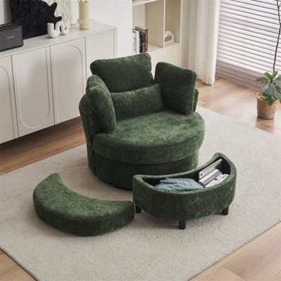 Chenille Swivel Armchair with 3 Back Cushion Pillow Ottoman Crescent Stool Green