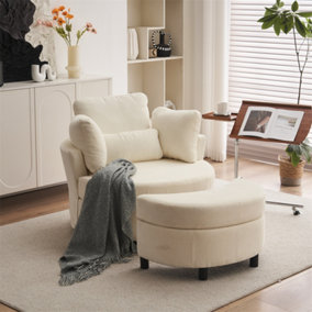 Chenille Swivel Armchair with 3 Back Cushion Pillow Ottoman Crescent Stool, Ivory 