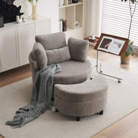 Chenille Swivel Armchair with 3 Back Cushion Pillow Ottoman Crescent Stool 