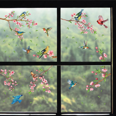 Cherry Blossom Flowers Watercolour with Birds On The Branch Spring Window Clings