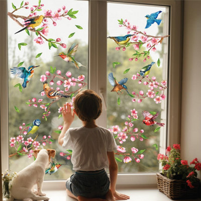 Cherry Blossom Flowers Watercolour with Birds On The Branch Spring Window Clings