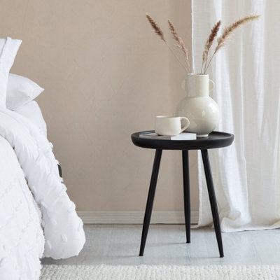 Chervey Black Solid Wood Side Table Living Room Bedside Small Side Table Round Side Table with Black Metal Legs