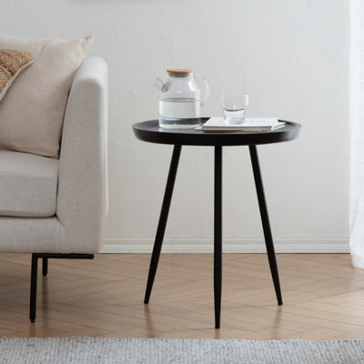 Chervey Black Solid Wood Side Table Round Side Table Living Room Bedside Large Side Table with Black Metal Legs