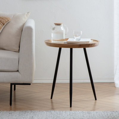 Chervey Natural Solid Wood Side Table Round Side Table Living Room Bedside Large Side Table with Black Metal Legs