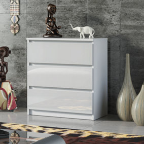 Chest Of 3 Drawers 77cm White Gloss Cabinet Cupboard Bedroom