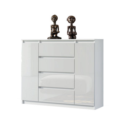 Chest Of 4 Drawers 120cm White Gloss Cabinet Cupboard Bedroom
