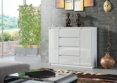 Chest Of 4 Drawers 120cm White Gloss Cabinet Cupboard Bedroom