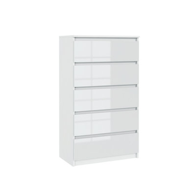 Chest Of 5 Drawers 125cm White Gloss Cabinet Cupboard Bedroom
