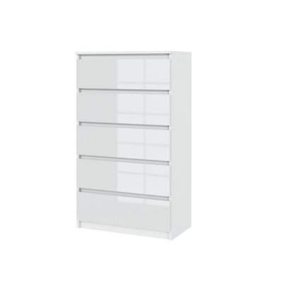 Chest Of 5 Drawers 125cm White Gloss Cabinet Cupboard Bedroom