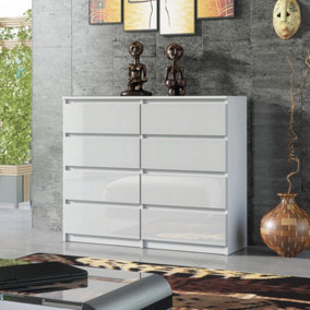 Chest Of 8 Drawers 120cm White Gloss Cabinet Cupboard Bedroom