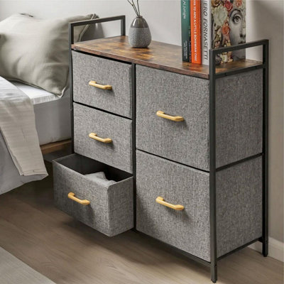 Cerbior 5-Drawer Fabric Dresser  Storage Tower With Wood Top, Dark Grey